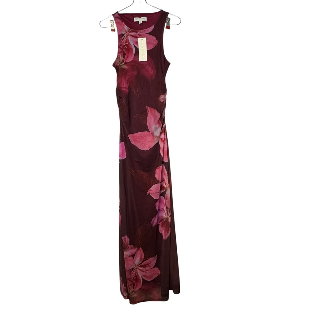 Thirty/Thirty Womens Dress Maxi Floral Sheer Sleeveless Boho Burgundy Small NWT